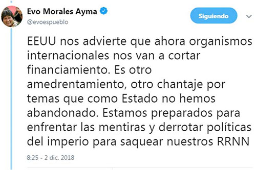 Presidente de Bolivia alerta contra injerencia de Estados Unidos